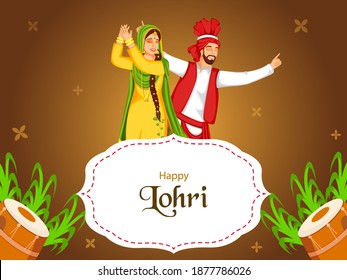 Happy Lohri Celebration Concept With Cheerful Punjabi Couple Character, Dhol Instruments And Sugarcane On Brown Background.