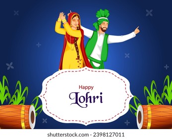 Happy Lohri Celebration Concept with Cheerful Punjabi Couple Character, Dhol Instruments and Sugarcane on Blue Background.