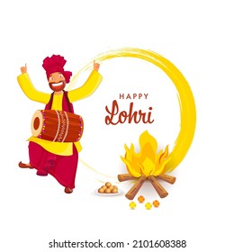 Happy Lohri Celebration Concept With Punjabi Man Dancing And Dhol, Bonfire, Indian Sweet (Laddu) Plate, Orange Brush Effect On White Background.