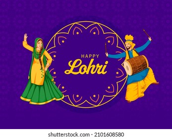 Happy Lohri Celebration Concept With Punjabi Man Playing Dhol And Woman Doing Bhangra Dance On Red Floral Pattern Background.