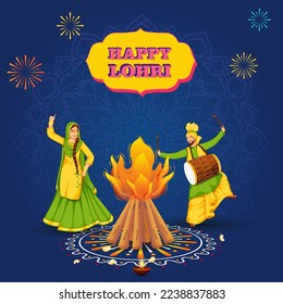 Happy Lohri Celebration Concept With Punjabi Woman Doing Bhangra, Man Playing Dhol (Drum) In Front Of Bonfire On Blue Mandala Background.