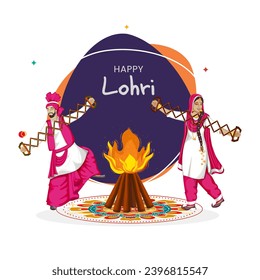 Happy Lohri Celebration Concept with Punjabi Couple Playing Sapp Instruments and Bonfire Over Rangoli Against Abstract Background.