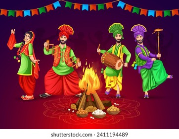 Happy Lohri celebration concept with Punjabi dancers playing bhangra sapp instruments over a bonfire