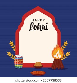 Happy Lohri Celebration Poster with Bonfire, Dhol Instrument, Wheat Ears and Sweet on Colorful Background.