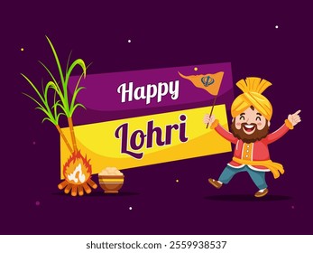 Happy Lohri Celebration Poster with Cartoon Punjabi Man Dancing with Khanda Flag, Bonfire, Sugarcane and Sweet Bowl on Purple Background. 