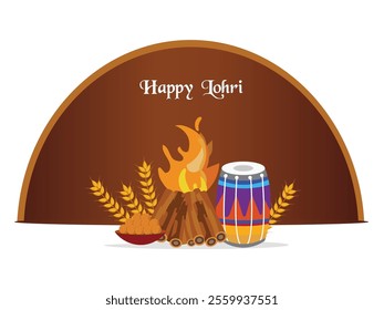 Happy Lohri Celebration Poster with Colorful Dhol Instrument, Bonfire, Indian Sweet (Laddu), Wheat Ears on Brown and White Background.