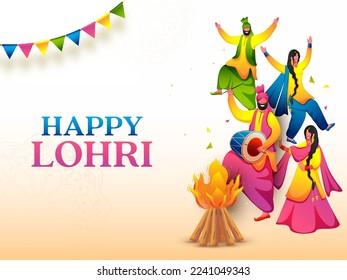 Happy Lohri Celebration Poster Design With Punjabi People Performing Bhangra Dance, Bonfire Illustration On White And Pastel Orange Background.