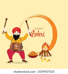 Happy Lohri Celebration Poster Design with Punjabi Man Character Playing Drum, Bonfire and Laddu on Pastel Yellow Background.