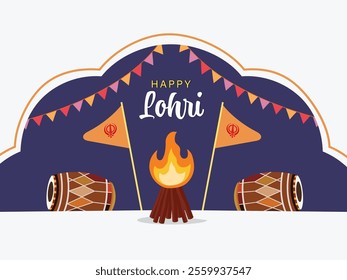 Happy Lohri Celebration Poster with Dhol Instruments, Bonfire, Khanda Flags and Bunting Flags Decorated Background.