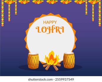 Happy Lohri Celebration Poster with Dhol Instruments, Bonfire and Floral Garland Decorated Background.