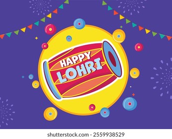 Happy Lohri Celebration Poster with Dhol Instrument on Abstract Purple and Yellow Background.