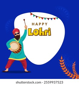 Happy Lohri Celebration Poster with Sikh Man Character Playing Drum on Blue and White Background.