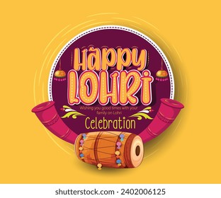 Feliz celebración lohri del festival Punjabi de la hoguera, con tambores decorados y fondo. ilustración vectorial