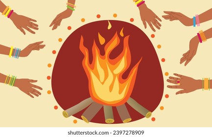  Happy Lohri celebration vector illustration flat cartoon style. Popular harvest India festival . Happy Lohri background with hands . Happy Lohri Festival fire and joy in warm color