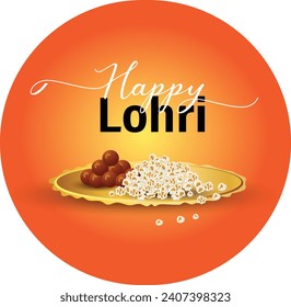 Happy Lohri in circle vibrant orange background with dry fruits