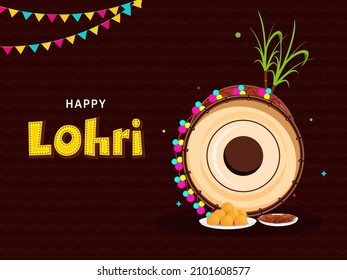 Happy Lohri Concept With Dhol (Drum) Instrument, Sweet Plates, Sugarcane, Bunting Flags On Green Zig Zag Lines Background.