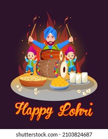 Happy Lohri Concept With Punjabi Man Playing Sapp Instrument, Dhol, 2 cute children Foods Bonfire Illustration On wine Background.