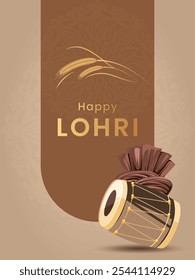 Happy Lohri or Lohri with creative concept. Festival of Punjab India Lohri holiday Background with rangoli, Lohri celebration group of people playing dance. Greeting card, 3d vector illustration.