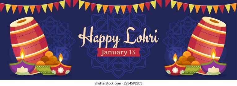 happy lohri day 2023 horizontal banner vector flat design