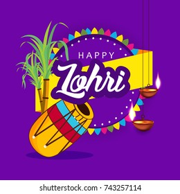 Happy Lohri design with Dholak, Sugarcane and Frame for Punjabi Festival, Vector Illustration.