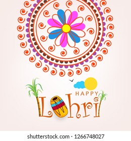 Happy Lohri design with Sugarcane and Dholak for Punjabi Festival, Vector Illustration.