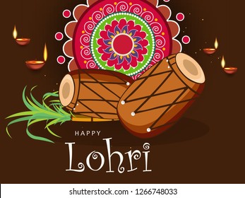 Happy Lohri design with Sugarcane and Dholak for Punjabi Festival, Vector Illustration.