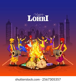 Happy Lohri festival background. Indian Sikh couple dancing around bonfire.