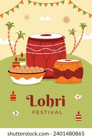 Happy Lohri Festival. Lohri festival celebration. January 13. Cartoon Vector illustration design Template for Poster, Banner, Post, Flyer, Greeting, Card, Cover. Lohri Festival background.
