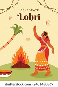 Happy Lohri Festival. Lohri festival celebration. January 13. Cartoon Vector illustration design Template for Poster, Banner, Post, Flyer, Greeting, Card, Cover. Lohri Festival background.