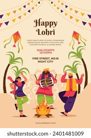 Happy Lohri Festival. Lohri festival celebration. January 13. Cartoon Vector illustration design Template for Poster, Banner, Post, Flyer, Greeting, Card, Cover. Lohri Festival background.