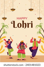 Happy Lohri Festival. Lohri festival celebration. January 13. Cartoon Vector illustration design Template for Poster, Banner, Post, Flyer, Greeting, Card, Cover. Lohri Festival background.