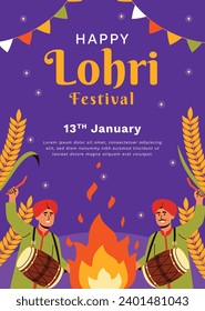 Happy Lohri Festival. Lohri festival celebration. January 13. Cartoon Vector illustration design Template for Poster, Banner, Post, Flyer, Greeting, Card, Cover. Lohri Festival background.
