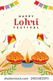 Happy Lohri Festival. Lohri festival celebration. January 13. Cartoon Vector illustration design Template for Poster, Banner, Post, Flyer, Greeting, Card, Cover. Lohri Festival background.