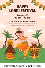 Happy Lohri Festival. Lohri festival celebration. January 13. Cartoon Vector illustration design Template for Poster, Banner, Post, Flyer, Greeting, Card, Cover. Lohri Festival background.