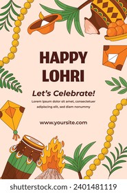 Happy Lohri Festival. Lohri festival celebration. January 13. Cartoon Vector illustration design Template for Poster, Banner, Post, Flyer, Greeting, Card, Cover. Lohri Festival background.