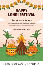 Happy Lohri Festival. Lohri festival celebration. January 13. Cartoon Vector illustration design Template for Poster, Banner, Post, Flyer, Greeting, Card, Cover. Lohri Festival background.