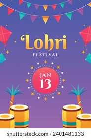 Happy Lohri Festival. Lohri festival celebration. January 13. Cartoon Vector illustration design Template for Poster, Banner, Post, Flyer, Greeting, Card, Cover. Lohri Festival background.
