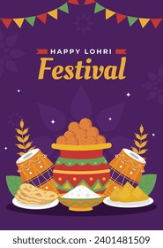 Feliz Festival de Lohri. Celebración del festival Lohri. 13 de enero. Plantilla de diseño de ilustración de vectores de dibujos animados para afiches, pancartas, entradas, volantes, saludo, tarjetas, carátula. Antecedentes del Festival de Lohri.