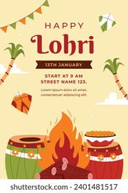 Happy Lohri Festival. Lohri festival celebration. January 13. Cartoon Vector illustration design Template for Poster, Banner, Post, Flyer, Greeting, Card, Cover. Lohri Festival background.