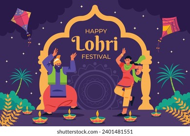 Happy Lohri Festival. Lohri festival celebration. January 13. Cartoon Vector illustration design Template for Poster, Banner, Post, Flyer, Greeting, Card, Cover. Lohri Festival background.