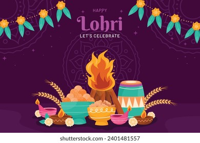 Happy Lohri Festival. Lohri festival celebration. January 13. Cartoon Vector illustration design Template for Poster, Banner, Post, Flyer, Greeting, Card, Cover. Lohri Festival background.