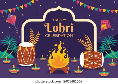 Happy Lohri Festival. Lohri festival celebration. January 13. Cartoon Vector illustration design Template for Poster, Banner, Post, Flyer, Greeting, Card, Cover. Lohri Festival background.