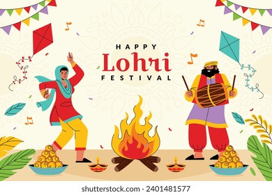 Happy Lohri Festival. Lohri festival celebration. January 13. Cartoon Vector illustration design Template for Poster, Banner, Post, Flyer, Greeting, Card, Cover. Lohri Festival background.