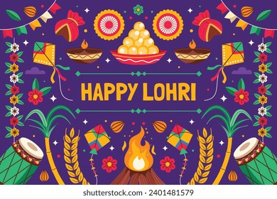 Feliz Festival de Lohri. Celebración del festival Lohri. 13 de enero. Plantilla de diseño de ilustración de vectores de dibujos animados para afiches, pancartas, entradas, volantes, saludo, tarjetas, carátula. Antecedentes del Festival de Lohri.