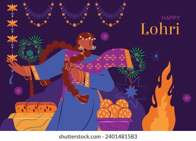 Happy Lohri Festival. Lohri festival celebration. January 13. Cartoon Vector illustration design Template for Poster, Banner, Post, Flyer, Greeting, Card, Cover. Lohri Festival background.
