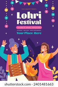 Happy Lohri Festival. Lohri festival celebration. January 13. Cartoon Vector illustration design Template for Poster, Banner, Post, Flyer, Greeting, Card, Cover. Lohri Festival background.