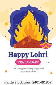 Happy Lohri Festival. Lohri festival celebration. January 13. Cartoon Vector illustration design Template for Poster, Banner, Post, Flyer, Greeting, Card, Cover. Lohri Festival background.