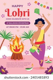 Happy Lohri Festival. Lohri festival celebration. January 13. Cartoon Vector illustration design Template for Poster, Banner, Post, Flyer, Greeting, Card, Cover. Lohri Festival background.