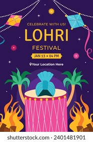 Happy Lohri Festival. Lohri festival celebration. January 13. Cartoon Vector illustration design Template for Poster, Banner, Post, Flyer, Greeting, Card, Cover. Lohri Festival background.