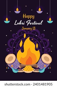 Happy Lohri Festival. Lohri festival celebration. January 13. Cartoon Vector illustration design Template for Poster, Banner, Post, Flyer, Greeting, Card, Cover. Lohri Festival background.